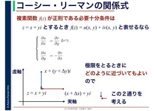 2016年度秋学期　応用数学（解析）
A.Asano,KansaiUniv. コーシー・リーマンの関係式
複素関数 f(z) が正則である必要十分条件は
z = x + yi とするとき f(z) = u(x, y) + iv(x, y) と表せるなら
(x + Δx) + yi
⎧
⎪⎪⎪⎪⎨
⎪⎪⎪⎪⎩
∂u
∂x
=
∂v
∂y
かつ
∂u
∂y
= −
∂v
∂x
x + (y + Δy)i
実軸
虚軸
z = x + yi
極限をとるときに
どのように近づいてもよい
ので
この２通りを
考える
 