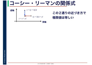 2016年度秋学期　応用数学（解析）
A.Asano,KansaiUniv. コーシー・リーマンの関係式
実軸
虚軸
z = x + yi
(x + Δx) + yi
x + (y + Δy)i
この２通りの近づき方で
極限値は等しい
 