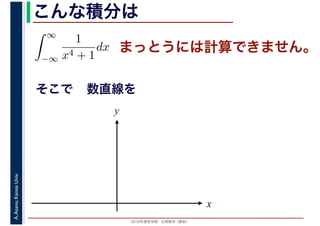2016年度秋学期　応用数学（解析）
A.Asano,KansaiUniv. こんな積分は
まっとうには計算できません。
そこで
∞
−∞
1
x4 + 1
dx
1
x
数直線を
y
 