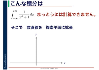 2016年度秋学期　応用数学（解析）
A.Asano,KansaiUniv. こんな積分は
まっとうには計算できません。
そこで
∞
−∞
1
x4 + 1
dx
1
x
数直線を
y
複素平面に拡張
 
