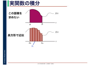 2016年度秋学期　応用数学（解析）
A.Asano,KansaiUniv. 実関数の積分
この面積を
求めたい
f(x)
x
f(x)
x
x0
長方形で近似
a b
xn
xi
 