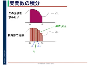 2016年度秋学期　応用数学（解析）
A.Asano,KansaiUniv. 実関数の積分
この面積を
求めたい
f(x)
x
f(x)
x
x0
長方形で近似
高さ f(ξi)
a b
xn
xi xi+1
ξi
 