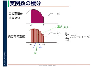 2016年度秋学期　応用数学（解析）
A.Asano,KansaiUniv. 実関数の積分
この面積を
求めたい
f(x)
x
f(x)
x
x0
長方形で近似
高さ f(ξi)
a b
xn
xi xi+1
ξi
∞
n−1
i=0
f(ξi)(xi+1 − xi)
 