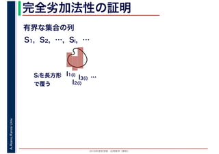 2016年度秋学期　応用数学（解析）
A.Asano,KansaiUniv. 完全劣加法性の証明
有界な集合の列
S1, S2, …, Si, …
I1(i)
I2(i)
I3(i) …Siを長方形
で覆う
 
