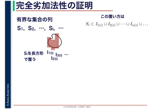 2016年度秋学期　応用数学（解析）
A.Asano,KansaiUniv. 完全劣加法性の証明
有界な集合の列
S1, S2, …, Si, …
I1(i)
I2(i)
I3(i) …Siを長方形
で覆う
Si ⊂ I1(i) ∪ I2(i) ∪ · · · ∪ In(i) ∪ . . .
この覆い方は
 