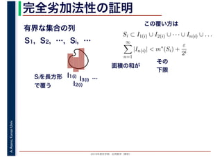 2016年度秋学期　応用数学（解析）
A.Asano,KansaiUniv. 完全劣加法性の証明
有界な集合の列
S1, S2, …, Si, …
I1(i)
I2(i)
I3(i) …Siを長方形
で覆う
Si ⊂ I1(i) ∪ I2(i) ∪ · · · ∪ In(i) ∪ . . .
∞
n=1
|In(i)| < m∗
(Si) +
ε
2i
その
下限
面積の和が
この覆い方は
 