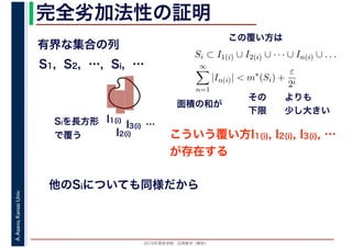 2016年度秋学期　応用数学（解析）
A.Asano,KansaiUniv. 完全劣加法性の証明
有界な集合の列
こういう覆い方I1(i), I2(i), I3(i), …
が存在する
S1, S2, …, Si, …
I1(i)
I2(i)
I3(i) …Siを長方形
で覆う
Si ⊂ I1(i) ∪ I2(i) ∪ · · · ∪ In(i) ∪ . . .
∞
n=1
|In(i)| < m∗
(Si) +
ε
2i
その
下限
よりも
少し大きい
面積の和が
この覆い方は
他のSiについても同様だから
 