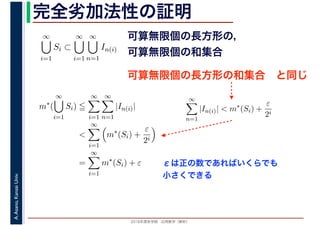 2016年度秋学期　応用数学（解析）
A.Asano,KansaiUniv. 完全劣加法性の証明
εは正の数であればいくらでも
小さくできる
∞
i=1
Si ⊂
∞
i=1
∞
n=1
In(i)
可算無限個の長方形の，
可算無限個の和集合
可算無限個の長方形の和集合　と同じ
m∗
(
∞
i=1
Si)
∞
i=1
∞
n=1
|In(i)|
<
∞
i=1
m∗
(Si) +
ε
2i
=
∞
i=1
m∗
(Si) + ε
∞
n=1
|In(i)| < m∗
(Si) +
ε
2i
 