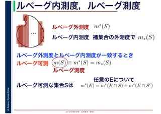 2016年度秋学期　応用数学（解析）
A.Asano,KansaiUniv. ルベーグ内測度，ルベーグ測度
ルベーグ外測度
…
ルベーグ測度
ルベーグ内測度 補集合の外測度で m∗(S)
　 　
m∗(S)
ルベーグ外測度とルベーグ内測度が一致するとき
ルベーグ可測 m(S) ≡ m∗(S) = m∗(S)
ルベーグ可測な集合Sは m∗
(E) = m∗
(E ∩ S) + m∗
(E ∩ Sc
)
任意のEについて
 