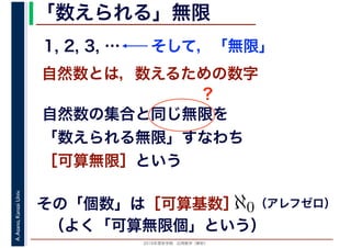 2016年度秋学期　応用数学（解析）
A.Asano,KansaiUniv. 「数えられる」無限
自然数とは，数えるための数字
1, 2, 3, …
自然数の集合と同じ無限を
「数えられる無限」すなわち
［可算無限］という
そして，「無限」
その「個数」は［可算基数］ℵ0（アレフゼロ）
（よく「可算無限個」という）
？
 