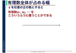 2016年度秋学期　応用数学（解析）
A.Asano,KansaiUniv. 有理数全体が占める幅
こういうふうに覆うことができる
有理数a1, a2, … を
εを任意の正の数とすると
 