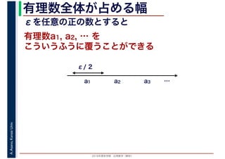 2016年度秋学期　応用数学（解析）
A.Asano,KansaiUniv. 有理数全体が占める幅
こういうふうに覆うことができる
有理数a1, a2, … を
a1 a2 a3
ε/ 2
εを任意の正の数とすると
…
 