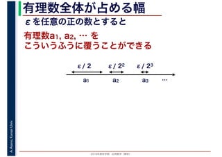 2016年度秋学期　応用数学（解析）
A.Asano,KansaiUniv. 有理数全体が占める幅
こういうふうに覆うことができる
有理数a1, a2, … を
a1 a2 a3
ε/ 2 ε/ 22 ε/ 23
εを任意の正の数とすると
…
 
