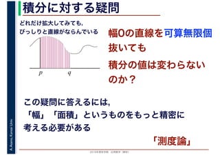 2016年度秋学期　応用数学（解析）
A.Asano,KansaiUniv. 積分に対する疑問
幅0の直線を可算無限個
抜いても
p q
どれだけ拡大してみても，
びっしりと直線がならんでいる
積分の値は変わらない
のか？
この疑問に答えるには，
「幅」「面積」というものをもっと精密に
考える必要がある
「測度論」
 