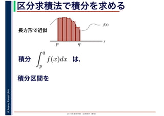 2016年度秋学期　応用数学（解析）
A.Asano,KansaiUniv. 区分求積法で積分を求める
積分 は，分
q
p
f(x)dx
f(x)
x
p
長方形で近似
q
積分区間を
 
