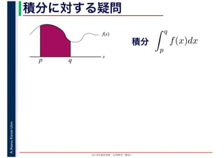 2016年度秋学期　応用数学（解析）
A.Asano,KansaiUniv. 積分に対する疑問
積分
f(x)
x
p q
分
q
p
f(x)dx
 
