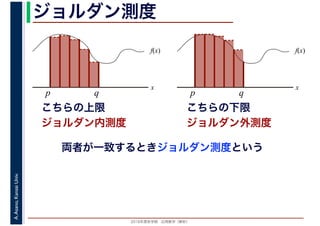 2016年度秋学期　応用数学（解析）
A.Asano,KansaiUniv. ジョルダン測度
f(x)
x
p q
こちらの上限
f(x)
x
p q
ジョルダン内測度
こちらの下限
ジョルダン外測度
両者が一致するときジョルダン測度という
 