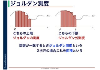 2016年度秋学期　応用数学（解析）
A.Asano,KansaiUniv. ジョルダン測度
f(x)
x
p q
こちらの上限
f(x)
x
p q
ジョルダン内測度
こちらの下限
ジョルダン外測度
両者が一致するときジョルダン測度という
２次元の場合これを面積という
 