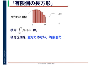 2016年度秋学期　応用数学（解析）
A.Asano,KansaiUniv. 「有限個の長方形」
積分 は，分
q
p
f(x)dx
f(x)
x
p
長方形で近似
q
積分区間を 重なりのない，有限個の
 