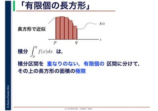 2016年度秋学期　応用数学（解析）
A.Asano,KansaiUniv. 「有限個の長方形」
積分 は，分
q
p
f(x)dx
f(x)
x
p
長方形で近似
q
積分区間を 重なりのない，有限個の 区間に分けて，
その上の長方形の面積の極限
 