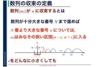 2016年度秋学期　応用数学（解析）
A.Asano,KansaiUniv. 数列の収束の定義
数列{an}が α に収束するとは
数列が十分大きな番号 N まで進めば
a1a2a3
α
α – ε α + ε
…
N 番より大きな番号 n については，
anはみなその狭い区間[α – ε, α + ε]に入る
ε ε
εをどんなに小さくしても
 