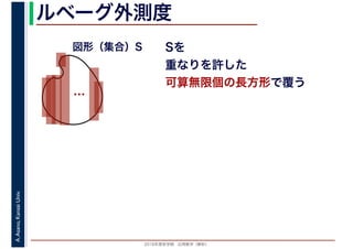 2016年度秋学期　応用数学（解析）
A.Asano,KansaiUniv. ルベーグ外測度
Sを
重なりを許した
可算無限個の長方形で覆う
…
図形（集合）S
 