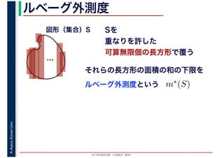 2016年度秋学期　応用数学（解析）
A.Asano,KansaiUniv. ルベーグ外測度
Sを
重なりを許した
可算無限個の長方形で覆う
ルベーグ外測度という
…
図形（集合）S
それらの長方形の面積の和の下限を
m∗(S)
 