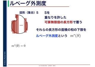 2016年度秋学期　応用数学（解析）
A.Asano,KansaiUniv. ルベーグ外測度
Sを
重なりを許した
可算無限個の長方形で覆う
ルベーグ外測度という
…
図形（集合）S
それらの長方形の面積の和の下限を
m∗(S)
m∗(∅) = 0
 