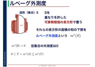 2016年度秋学期　応用数学（解析）
A.Asano,KansaiUniv. ルベーグ外測度
Sを
重なりを許した
可算無限個の長方形で覆う
ルベーグ外測度という
…
図形（集合）S
それらの長方形の面積の和の下限を
m∗(S)
m∗(∅) = 0 空集合の外測度は0
S ⊂ T = m∗(S) m∗(T)
 