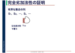 2016年度秋学期　応用数学（解析）
A.Asano,KansaiUniv. 完全劣加法性の証明
有界な集合の列
S1, S2, …, Si, …
I1(i)Siを長方形
で覆う
 