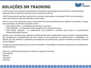 A SM Training é uma consultoria especializada em soluções de aprendizagem que maximizam o desenvolvimento
organizacional com benefícios concretos para o sucesso das empresas.
A SM Training entende que fazer a ponte entre conceitos e ações práticas nem sempre é fácil, mesmo quando os
valores das empresas estão bem definidos e comunicados.
Entre as causas mais significativas para o não cumprimento dos procedimentos que espelham os conceitos e crenças
das corporações, encontramos o seguinte cenário:
• Falta conhecimento – os colaboradores não sabem o que fazer
• Falta habilidade – os colaboradores não conseguem fazer da maneira correta
• Falta atitude adequada – os colaboradores não acreditam e escolhem não cumprir os procedimentos
estabelecidos pelas empresas
Garantir que os conceitos sejam aplicados sistematicamente pelos colaboradores requer portanto o desenvolvimento
das Competências comportamentais de forma ampla, ou seja, desenvolver os Conhecimentos, as Habilidade e as
Atitudes que vão alavancar a qualidade das entregas de seus profissionais e garantir resultados concretos e perenes
para os negócios.
As ações de educação corporativa, por meio de conteúdos e metodologias consistentes potencializam as competências
comportamentais.
Para tanto, a SM Training desenvolve e trabalha nos seguintes formatos:
Treinamentos
Palestras
Consultoria
Coaching
SOLUÇÕES SM TRAINING
 