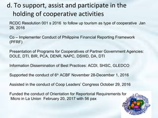 d. To support, assist and participate in the
holding of cooperative activities
RCDC Resolution 001 s 2016 to follow up tourism as type of cooperative Jan
26, 2016
Co – Implementer Conduct of Philippine Financial Reporting Framework
(PFRF)
Presentation of Programs for Cooperatives of Partner Government Agencies:
DOLE, DTI, BIR, PCA, DENR, NAPC, DSWD, DA, DTI
Information Dissemination of Best Practices: ACDI, SHSC, GLEDCO
Supported the conduct of 6th
ACBF November 28-December 1, 2016
Assisted in the conduct of Coop Leaders’ Congress October 29, 2016
Funded the conduct of Orientation for Reportorial Requirements for
Micro in La Union February 20, 2017 with 56 pax
 