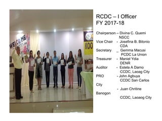 RCDC – I Officer
FY 2017-18
Chairperson – Divina C. Quemi
NSCC
Vice Chair - Josefina B. Bitonio
CDA
Secretary _ Gemma Macusi
PCDC La Union
Treasurer - Maniel Ydia
DENR
Auditor - Estela A Damo
CCDC, Laoag City
PRO - John Agbuya
CCDC San Carlos
City
- Juan Chritine
Banogon
CCDC, Laoaog City
 