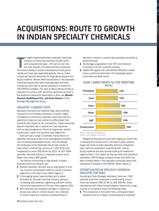 12 z CHEMICAL NEWS APRIL 2016
T
he highly fragmented Indian specialty chemicals
industry currently has revenues of USD 30 Bn
and is expected to grow ~14% per annum over
the next decade. It is observed that companies
who have invested in product development have grown
rapidly and have also expanded globally. Hence, these
companies become attractive for large global players and
equity investors. Recent M&A transactions in the speciality
chemicals space show that most speciality chemical
companies were able to attract valuations in excess of
10X EBITDA multiples. The pace of deal making activity is
expected to continue with attractive valuations as India is
the preferred investment destination in Asia, say Manish
Panchal, Karthikeyan K.S., and Kiran Dukare of Tata
Strategic Management Group.
INDUSTRY: CURRENT STATE
Specialty chemicals are relatively high value products
compared to commodity chemicals. In today’s highly
competitive environment, specialty chemicals have the
potential to help end use sectors to differentiate their
products with respect to the competition. These chemicals
play an important role in several end use industries
such as dyes & pigments, flavors & fragrances, leather,
construction, paper and personal care segments.
India will see a surge in domestic consumption of
specialty chemicals driven by its demographic dividend
and increasing disposable income. This will change
the landscape of the Speciality Chemicals market in
India which currently has revenue of ~USD 30 Bn and
is expected to reach USD 80 Bn by 2023. At 14% CAGR
specialty chemical industry is expected to grow much
faster than India’s GDP growth.
The factors contributing to high growth in Indian
Specialty Chemical industry are:
z	 Buoyant domestic demand due to high growth in end
use industry and possible inflection points in several
segments in the near future (Refer Figure 1)
z	 Encouraging export opportunities due to bleak
forecasts for Chinese chemical industry (owing to
increasing cost pressure, tightening pollution control
norms and appreciation of Chinese Yuan against USD)
z	 GOI initiatives like proposed changes in customs &
excise duty rates on certain inputs/ raw materials
to reduce costs and improve competitiveness of
domestic industry in sectors like speciality chemicals &
petrochemicals
z	 Technology up-gradation fund (TUF) and National
Innovation Fund for chemical industry
z	 Stable IPR regime with well-defined IPR policy makes
India a preferred destination for knowledge based
chemicals and R&D centre
FIGURE 1: MARKET GROWTH TILL FY20- PROJECTIONS
(% P.A.)
Notes: 1) Electrical & Electronics
Source: Tata Strategic Estimates
Mergers & Acquisitions have been playing a critical role
in shaping the industry and in the past 5 years, several
large and medium sized specialty chemical companies
have used the acquisition route for growth. Hence,
Equity investors are also actively looking at investment
opportunities in this space as they see exits with attractive
valuations. TATA Strategic analysis shows that 2015 has
seen multiple deals in the specialty chemicals space with
valuations in excess of 10X EBITDA. (Refer Figure 2)
OPPORTUNITIES IN SPECIALTY CHEMICAL
INDUSTRY FOR M&A
According to Tata Strategic estimates, there are ~540
specialty chemical companies in India having annual
revenues between USD 20 Mn to USD 200 Mn. Close
interactions with these industry players reveal that a large
number of companies show the following traits:
z	 The companies in the sector have a strong domestic
presence and an in-depth understanding of customer
ACQUISITIONS: ROUTE TO GROWTH
IN INDIAN SPECIALTY CHEMICALS
12%
12%
13%
14%
14%
16%
E&E
1
Glass
Paint
Auto
Packaging
Construction
 