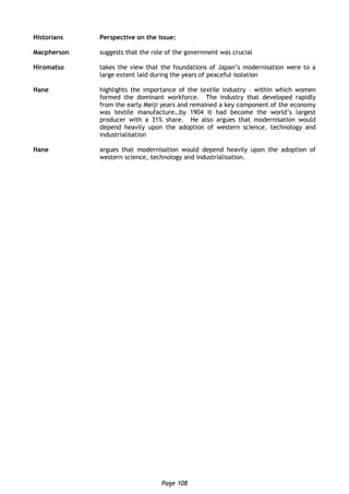 Page 108
Historians Perspective on the issue:
Macpherson suggests that the role of the government was crucial
Hiromatso takes the view that the foundations of Japan’s modernisation were to a
large extent laid during the years of peaceful isolation
Hane highlights the importance of the textile industry – within which women
formed the dominant workforce. The industry that developed rapidly
from the early Meiji years and remained a key component of the economy
was textile manufacture…by 1904 it had become the world’s largest
producer with a 31% share. He also argues that modernisation would
depend heavily upon the adoption of western science, technology and
industrialisation
Hane argues that modernisation would depend heavily upon the adoption of
western science, technology and industrialisation.
 