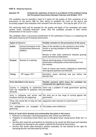 Page 176
PART B – Historical Sources
Question 70 Evaluate the usefulness of Source A as evidence of the problems facing
the Provisional Government between February and October 1917.
The candidate may be awarded a total of 5 marks for the quality of their evaluation of the
provenance of the source AND for their ability to establish the views of the source and
accurately support that evaluation with comment from the source. This may be split 3/2 or 2/3.
The remaining marks will be awarded for the quality and depth of the immediate and wider
context recall, including historians’ views, that the candidate provides in their overall
interpretation of the source’s value.
The candidate offers a structured consideration of the usefulness of Source A in explaining the
difficulties faced by the Provisional Government.
Aspect of Source A Possible comment on the provenance of the source
Author Central Committee of the
Constitutional Democrats
(Kadets).
Many of the members at the conference were either
former or serving members of the Provisional
Government
Minutes of their state conference indicates growing
social and political polarisation
Purpose Minutes of a meeting Discuss declining power of the Provisional
Government and possible armed intervention from
the military.
Fears of mutiny and country collapsing as authorities
have ignored questions and demands.
Timing 20th
August 1917 Kerensky’s power declining and just before the
Kornilov Plot
Point identified in the Source Possible comment which shows the candidate has
interpreted the significant view(s)
Country is collapsing as authorities
have not responded to questions and
demands.
There was a problem of weak government ignoring
the people.
Army is collapsing and servile and
mutinous instincts are appearing
The army are on the verge of turning against the
government
Those who would like to help are late
in appearing
Supporters were reluctant to come forward
The intelligentsia are incapable of
governing
The leaders were ineffective
Points of recall which develop and contextualise the points in the source
 Reference to Kerensky’s declining popularity after failed June Offensive.
 Problems of controlling armed forces due to Petrograd Soviet issuing Soviet Order No.1 in
April.
 Kornilov plot would fail and backfire for Kerensky as he armed the Red Guard and indicated
his weakness by showing he was unable to defend the Provisional Government.
 Kornilov Plot would make Kerensky’s position untenable, he was loathed by the right for
betraying Kornilov and distrusted by the left.
 
