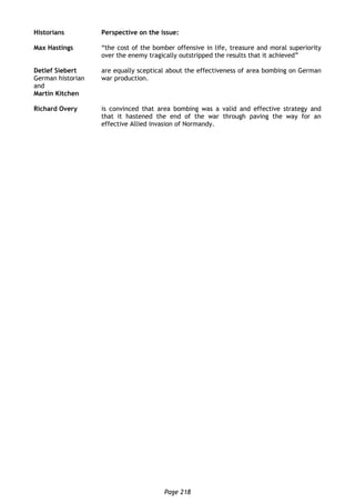 Page 218
Historians Perspective on the issue:
Max Hastings “the cost of the bomber offensive in life, treasure and moral superiority
over the enemy tragically outstripped the results that it achieved”
Detlef Siebert
German historian
and
Martin Kitchen
are equally sceptical about the effectiveness of area bombing on German
war production.
Richard Overy is convinced that area bombing was a valid and effective strategy and
that it hastened the end of the war through paving the way for an
effective Allied invasion of Normandy.
 