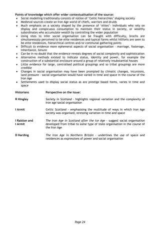 Page 24
Points of knowledge which offer wider contextualisation of the source:
 Social modelling traditionally consists of notion of ‘Celtic hierarchies’ shaping society
 Medieval sources create an Iron Age world of chiefs, warriors and druids
 Much emphasis on a society shaped by the presence of ‘elites’- individuals who rely on
display and conspicuous consumption to maintain their status in society, or wealthy
subordinates who accumulate wealth by controlling the wider population
 Using sites to infer social organisation can be fraught with difficulty, brochs are
simultaneously perceived to be elite residences and typical farms whilst hillforts are seen to
be elite residences, hierarchical centres and/or communal gathering points
 Difficult to evidence more ephemeral aspects of social organisation – marriage, fosterage,
inheritance, tenure
 Can be in no doubt that the evidence reveals degrees of social complexity and sophistication
 Alternative methods existed to indicate status, identity and power, for example the
construction of a substantial enclosure around a group of relatively insubstantial houses
 Little evidence for large, centralised political groupings and so tribal groupings are more
credible
 Changes in social organisation may have been prompted by climatic changes, incursions,
land pressure – social organisation would have varied in time and space in the course of the
Iron Age
 Settlements used to display social status as are prestige based items, varies in time and
space
Historians Perspective on the issue:
R Hingley Society in Scotland - highlights regional variation and the complexity of
Iron age social organisation
I Armit Celtic Scotland - emphasising the multitude of ways in which Iron Age
society was organised, stressing variation in time and space
I Ralston and
I Armit
The Iron Age in Scotland after the Ice Age - suggest social organisation
developed from tribal to some type of state organisation in the course of
the Iron Age
D Harding The Iron Age in Northern Britain - underlines the use of space and
residences as expressions of power and social organisation
 
