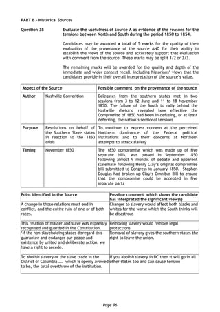 Page 96
PART B – Historical Sources
Question 38 Evaluate the usefulness of Source A as evidence of the reasons for the
tensions between North and South during the period 1850 to 1854.
Candidates may be awarded a total of 5 marks for the quality of their
evaluation of the provenance of the source AND for their ability to
establish the views of the source and accurately support that evaluation
with comment from the source. These marks may be split 3/2 or 2/3.
The remaining marks will be awarded for the quality and depth of the
immediate and wider context recall, including historians’ views that the
candidates provide in their overall interpretation of the source’s value.
Aspect of the Source Possible comment on the provenance of the source
Author Nashville Convention Delegates from the southern states met in two
sessions from 3 to 12 June and 11 to 18 November
1850. The failure of the South to rally behind the
Nashville rhetoric revealed how effective the
Compromise of 1850 had been in defusing, or at least
deferring, the nation’s sectional tensions
Purpose Resolutions on behalf of
the Southern Slave states
in reaction to the 1850
crisis
To continue to express concern at the perceived
Northern dominance of the Federal political
institutions and to their concerns at Northern
attempts to attack slavery
Timing November 1850 The 1850 compromise which was made up of five
separate bills, was passed in September 1850
following almost 9 months of debate and apparent
stalemate following Henry Clay’s original compromise
bill submitted to Congress in January 1850. Stephen
Douglas had broken up Clay’s Omnibus Bill to ensure
that the compromise could be accepted in five
separate parts
Point identified in the Source Possible comment which shows the candidate
has interpreted the significant view(s)
A change in those relations must end in
conflict, and the entire ruin of one or of both
races.
Changes to slavery would affect both blacks and
whites for the worse which the South thinks will
be disastrous
This relation of master and slave was expressly
recognised and guarded in the Constitution.
Removing slavery would remove legal
protections
‘If the non-slaveholding states disregard this
guarantee and endanger our peace and
existence by united and deliberate action, we
have a right to secede.
Removal of slavery gives the southern states the
right to leave the union.
To abolish slavery or the slave trade in the
District of Columbia …. which is openly avowed
to be, the total overthrow of the institution.
If you abolish slavery in DC then it will go in all
other states too and can cause tension
 
