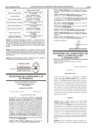 MINISTERIO DEL PODER POPULAR
DE PETRÓLEO
              




           


CARGO NOMBRE, APELLIDO Y CÉDULA
Dirección General del Despacho
JORGE ENRIQUE ALVAREZ ALVAREZ
C.I. V-29.983.855
Consultoría Jurídica
JENNY COROMOTO PERNIA
MALDONADO C.I. V- 16.405.102
Oficina de Atención Ciudadana
EGLA INOCENCIA RENGIFO
GONZALEZ C.I. V- 3.165.100
Oficina de Planificación y Presupuesto
MARIA FERNANDA CATALA HIDALGO
C.I. V- 3.190.840
Oficina de Gestión Administrativa
ALINEXIS RAQUEL BARRIOS REYES
C.I. V- 12.244.125
Oficina de Gestión Comunicacional
MARIA ALEJANDRA MOLINA
UZCATEGUI C.I V- 15.032.345
Oficina de Gestión Humana
ANA YADIRA BALTODANO DE
OLIVEROS
C.I. V- 6.368.002
Oficina de Tecnologías de la
Información y la Comunicación
EMIRO ALFREDO TORRES PAREDES C.
I. V- 22.082.304

 








            

          


           

            



















 