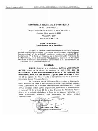 Martes 30 de agosto de 2016	 GACETA OFICIAL DE LA REPÚBLICA BOLIVARIANA DE VENEZUELA	 430.367
 