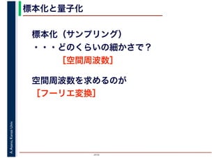 2016
A.Asano,KansaiUniv. 標本化と量子化
標本化（サンプリング）
・・・どのくらいの細かさで？
　　　［空間周波数］
空間周波数を求めるのが
［フーリエ変換］
 