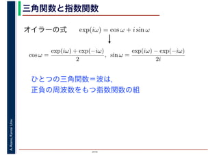 2016
A.Asano,KansaiUniv. 三角関数と指数関数
exp(iω) = cos ω + i sin ωオイラーの式
cos ω =
exp(iω) + exp(−iω)
2
, sin ω =
exp(iω) − exp(−iω)
2i
ひとつの三角関数＝波は，
正負の周波数をもつ指数関数の組
 