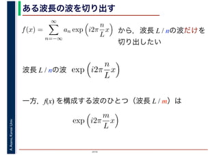 2016
A.Asano,KansaiUniv. ある波長の波を切り出す
一方，f(x) を構成する波のひとつ（波長 L / m）は
exp i2π
m
L
x
波長 L / nの波 exp i2π
n
L
x
f(x) =
∞
n=−∞
an exp i2π
n
L
x
　 　
から，波長 L / nの波だけを
切り出したい
 