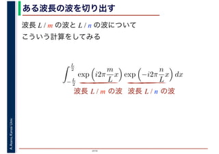2016
A.Asano,KansaiUniv.
L
2
− L
2
exp i2π
m
L
x exp −i2π
n
L
x dx
ある波長の波を切り出す
波長 L / m の波と L / n の波について
こういう計算をしてみる
波長 L / m の波 波長 L / n の波
 