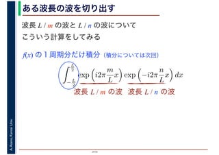 2016
A.Asano,KansaiUniv.
L
2
− L
2
exp i2π
m
L
x exp −i2π
n
L
x dx
ある波長の波を切り出す
波長 L / m の波と L / n の波について
こういう計算をしてみる
波長 L / m の波 波長 L / n の波
f(x) の１周期分だけ積分（積分については次回）
 