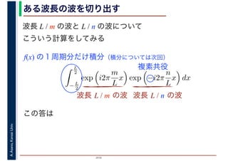 2016
A.Asano,KansaiUniv.
L
2
− L
2
exp i2π
m
L
x exp −i2π
n
L
x dx
ある波長の波を切り出す
この答は
波長 L / m の波と L / n の波について
こういう計算をしてみる
波長 L / m の波 波長 L / n の波
f(x) の１周期分だけ積分（積分については次回）
複素共役
 