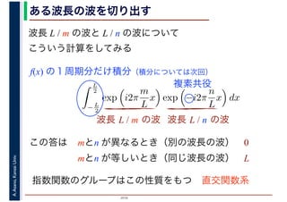 2016
A.Asano,KansaiUniv.
L
2
− L
2
exp i2π
m
L
x exp −i2π
n
L
x dx
ある波長の波を切り出す
この答は
波長 L / m の波と L / n の波について
こういう計算をしてみる
波長 L / m の波 波長 L / n の波
f(x) の１周期分だけ積分（積分については次回）
複素共役
mとn が異なるとき（別の波長の波） 0
mとn が等しいとき（同じ波長の波） L
指数関数のグループはこの性質をもつ 直交関数系
 