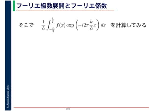2016
A.Asano,KansaiUniv. フーリエ級数展開とフーリエ係数
そこで
1
L
L
2
−L
2
f(x) exp −i2π
k
L
x dx を計算してみる
 