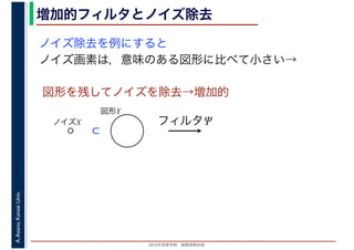 2016年度秋学期　画像情報処理
A.Asano,KansaiUniv. 増加的フィルタとノイズ除去
ノイズ除去を例にすると
ノイズ画素は，意味のある図形に比べて小さい→
図形を残してノイズを除去→増加的
図形Y
ノイズX
⊂
フィルタΨ
 